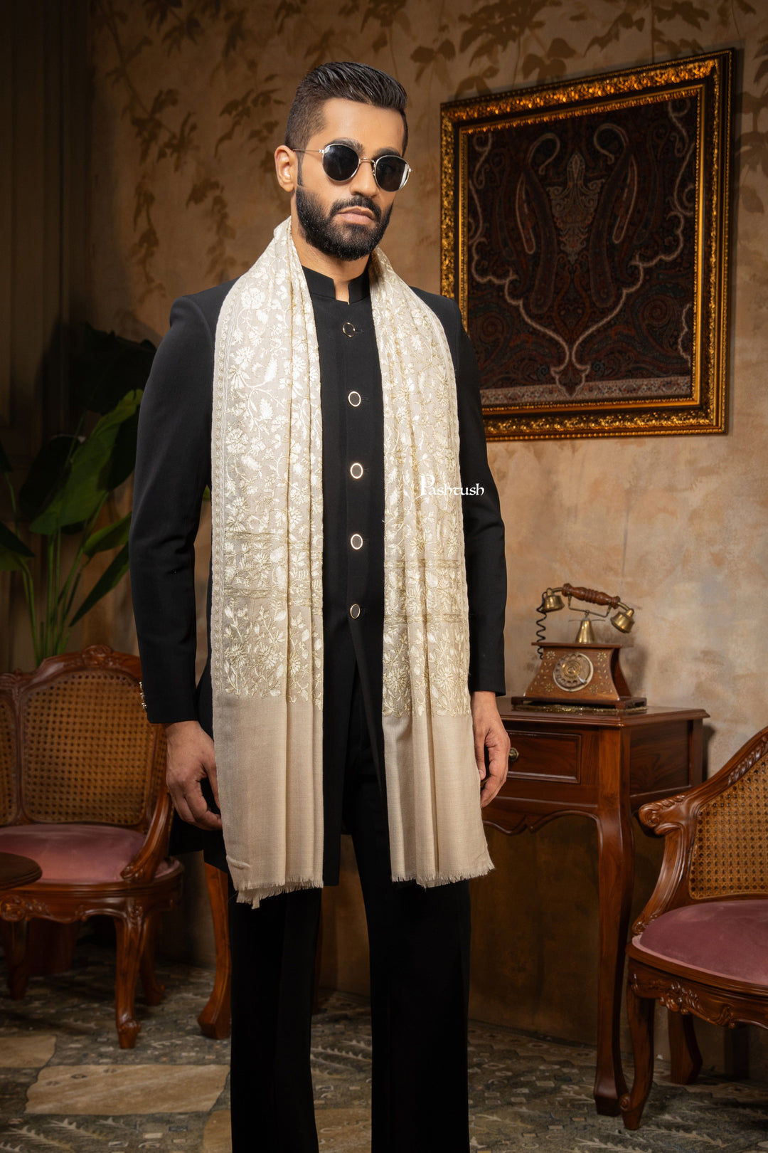 Pashtush India Mens Scarves Stoles and Mufflers Pashtush Mens Stole, Silk Wool with Intricate Kashmiri Embroidery, Tone on Tone, Ivory