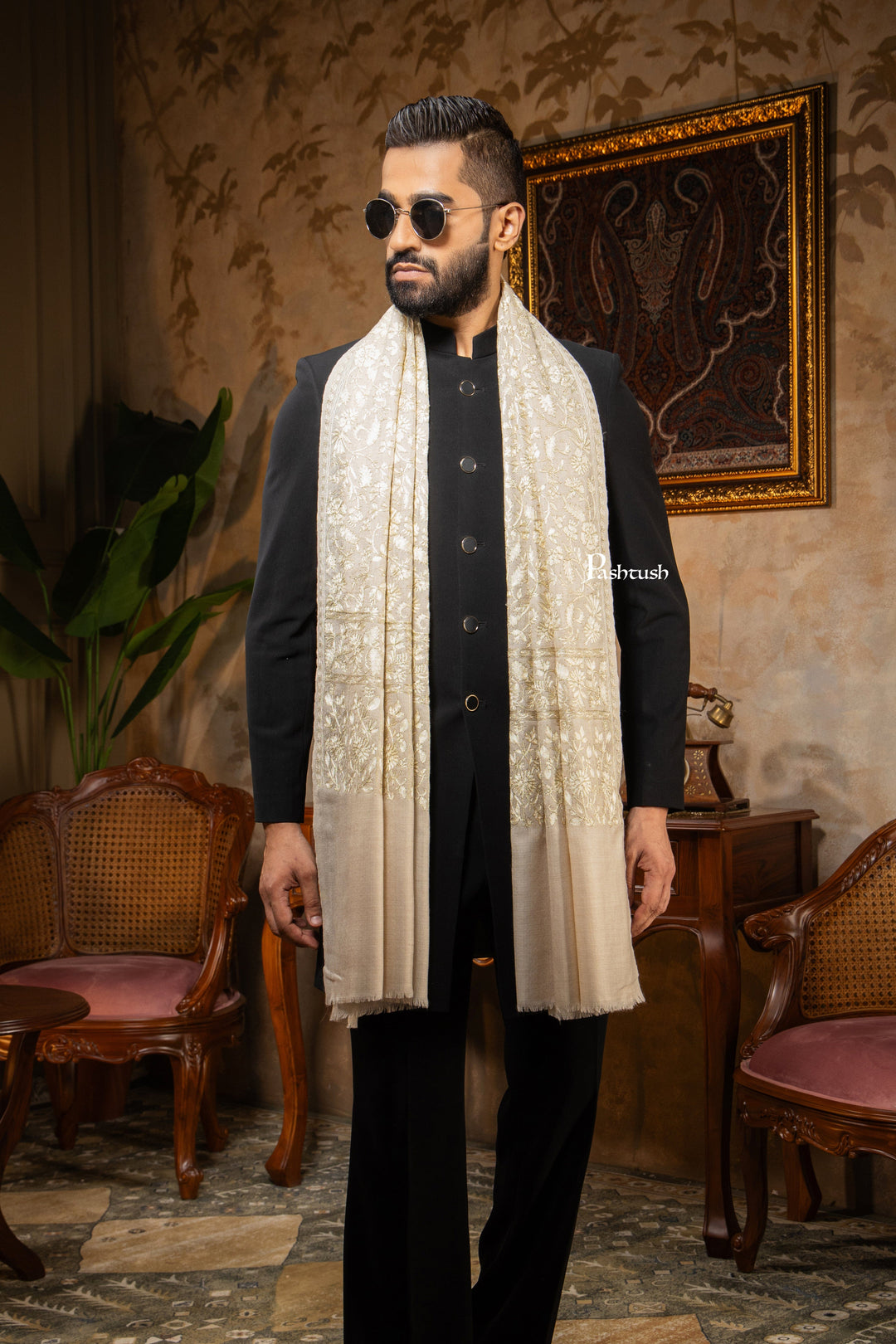 Pashtush India Mens Scarves Stoles and Mufflers Pashtush Mens Stole, Silk Wool with Intricate Kashmiri Embroidery, Tone on Tone, Ivory
