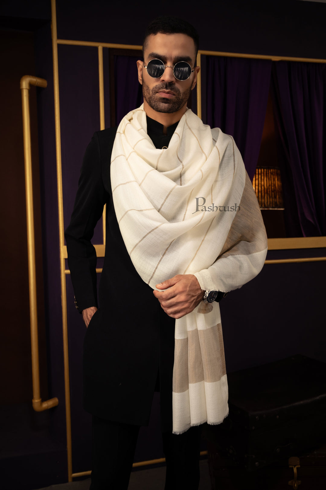 Pashtush India Mens Scarves Stoles and Mufflers Pashtush Mens Stole, Twilight Collection, Extra Fine Wool, Ivory