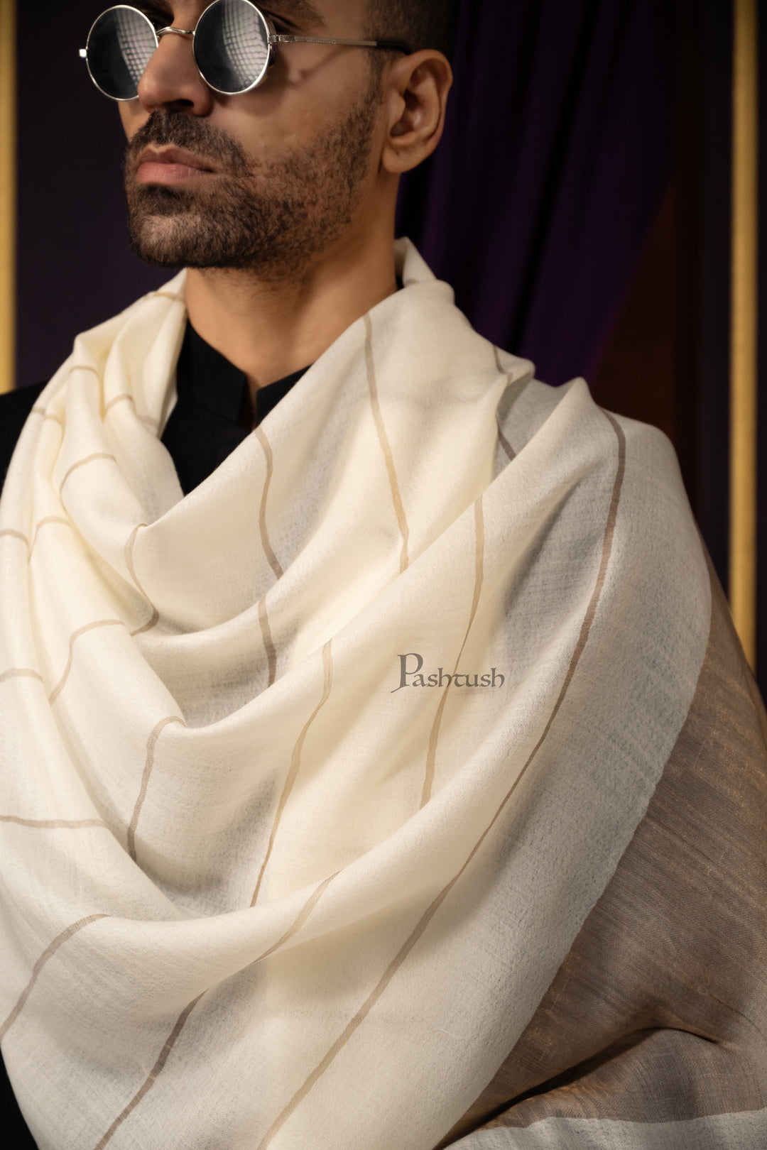 Pashtush India Mens Scarves Stoles and Mufflers Pashtush Mens Stole, Twilight Collection, Extra Fine Wool, Ivory