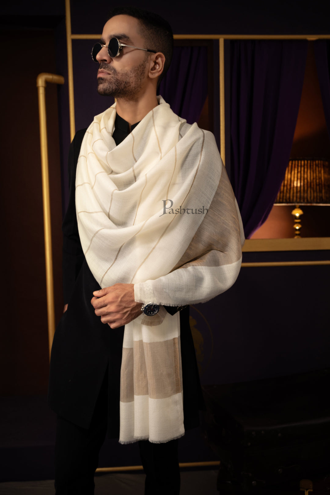 Pashtush India Mens Scarves Stoles and Mufflers Pashtush Mens Stole, Twilight Collection, Extra Fine Wool, Ivory