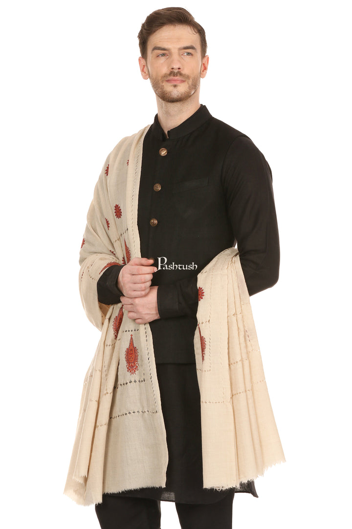 Pashtush India Mens Shawls Gents Shawl Pashtush Mens Tarkashi Embroidery Shawl - Soft Light Weight And Warm Wool