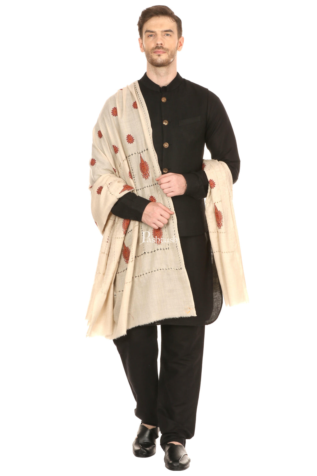 Pashtush India Mens Shawls Gents Shawl Pashtush Mens Tarkashi Embroidery Shawl - Soft Light Weight And Warm Wool