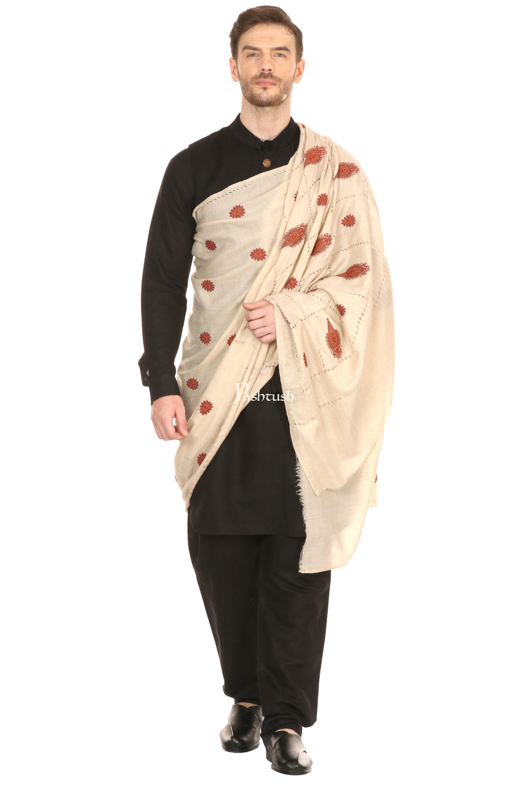 Pashtush India Mens Shawls Gents Shawl Pashtush Mens Tarkashi Embroidery Shawl - Soft Light Weight And Warm Wool