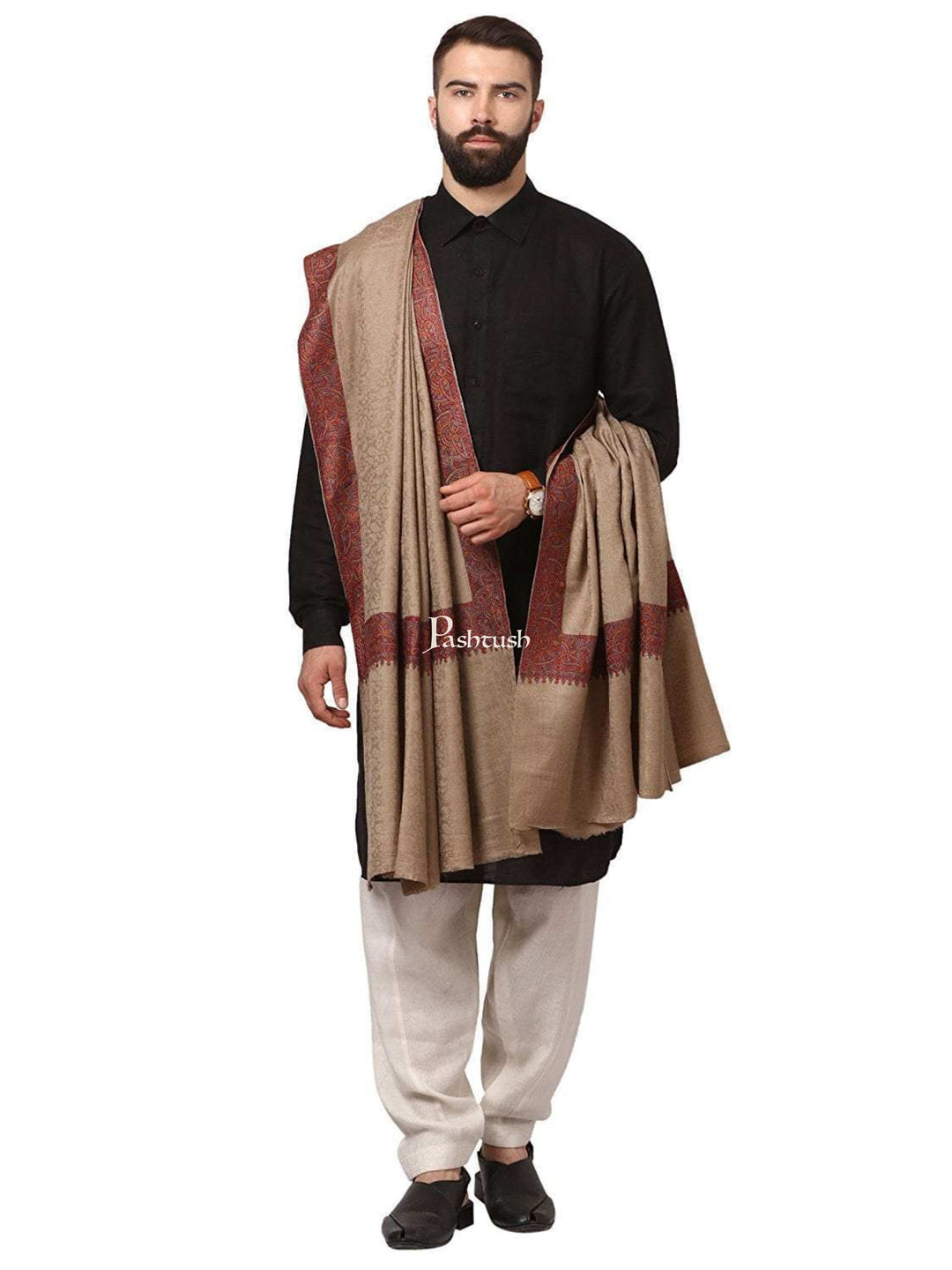 Pashtush India Mens Shawls Gents Shawl Pashtush Mens taupe Embroidery Daur Shawl