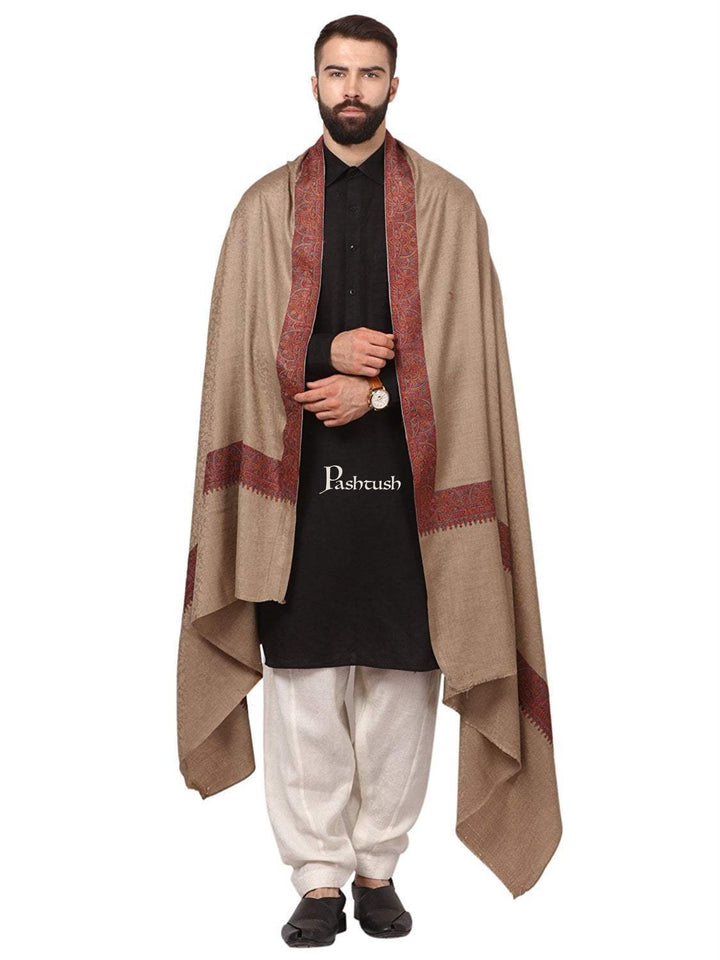 Pashtush India Mens Shawls Gents Shawl Pashtush Mens taupe Embroidery Daur Shawl