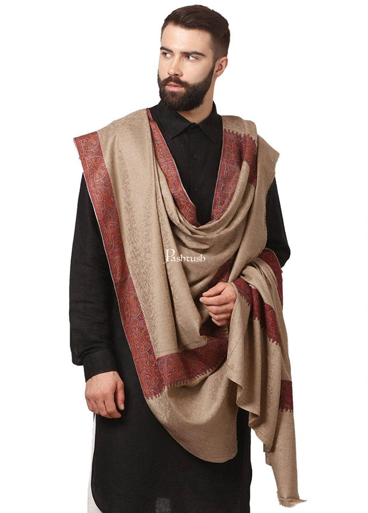 Pashtush India Mens Shawls Gents Shawl Pashtush Mens taupe Embroidery Daur Shawl