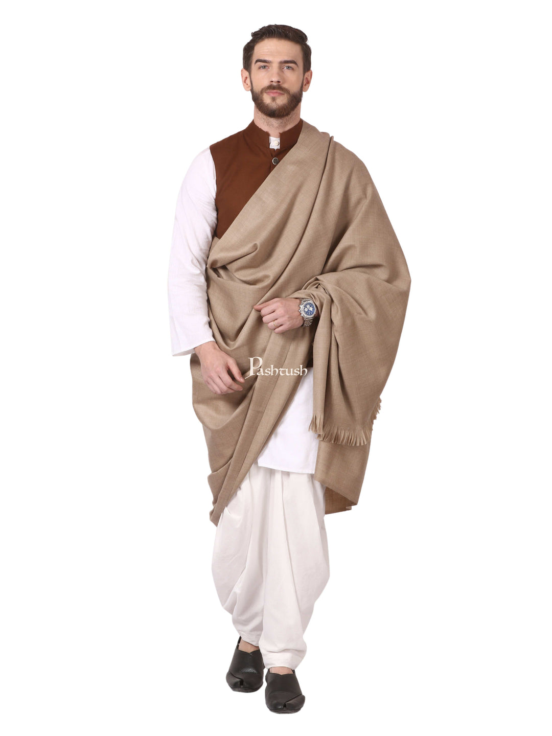 Pashtush India Mens Shawls Gents Shawl Pashtush Mens Thick Blended Wool Lohi, Mens Shawl With 50% Wool, Desert Sand