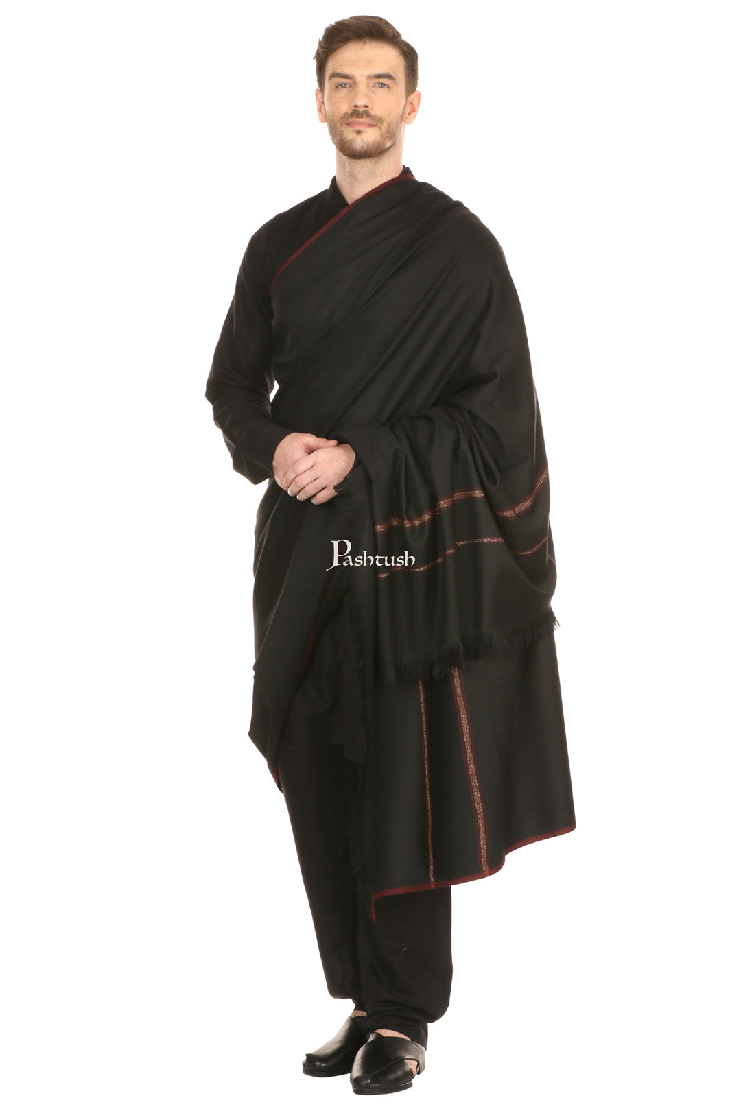 Pashtush India Mens Shawls Gents Shawl Pashtush Mens Thick Shawl Gents Lohi Woven Kinauri Design, Black
