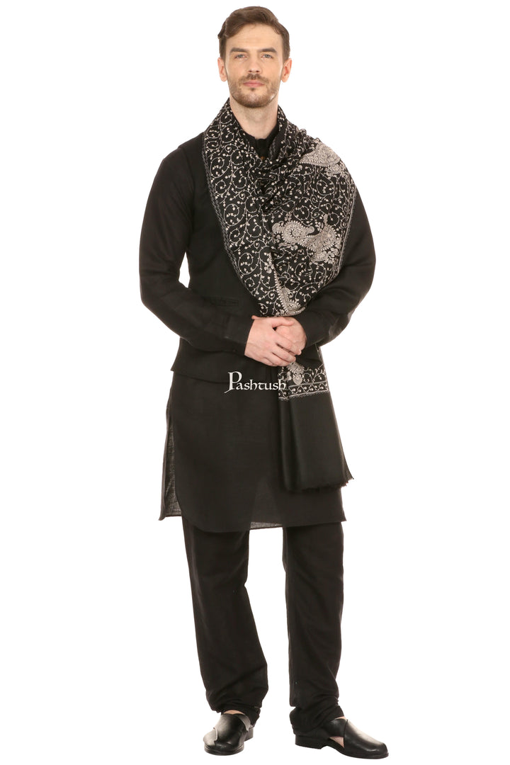 Pashtush India Mens Scarves Stoles and Mufflers Pashtush Mens Tone On Tone Embroidery Stole - Black