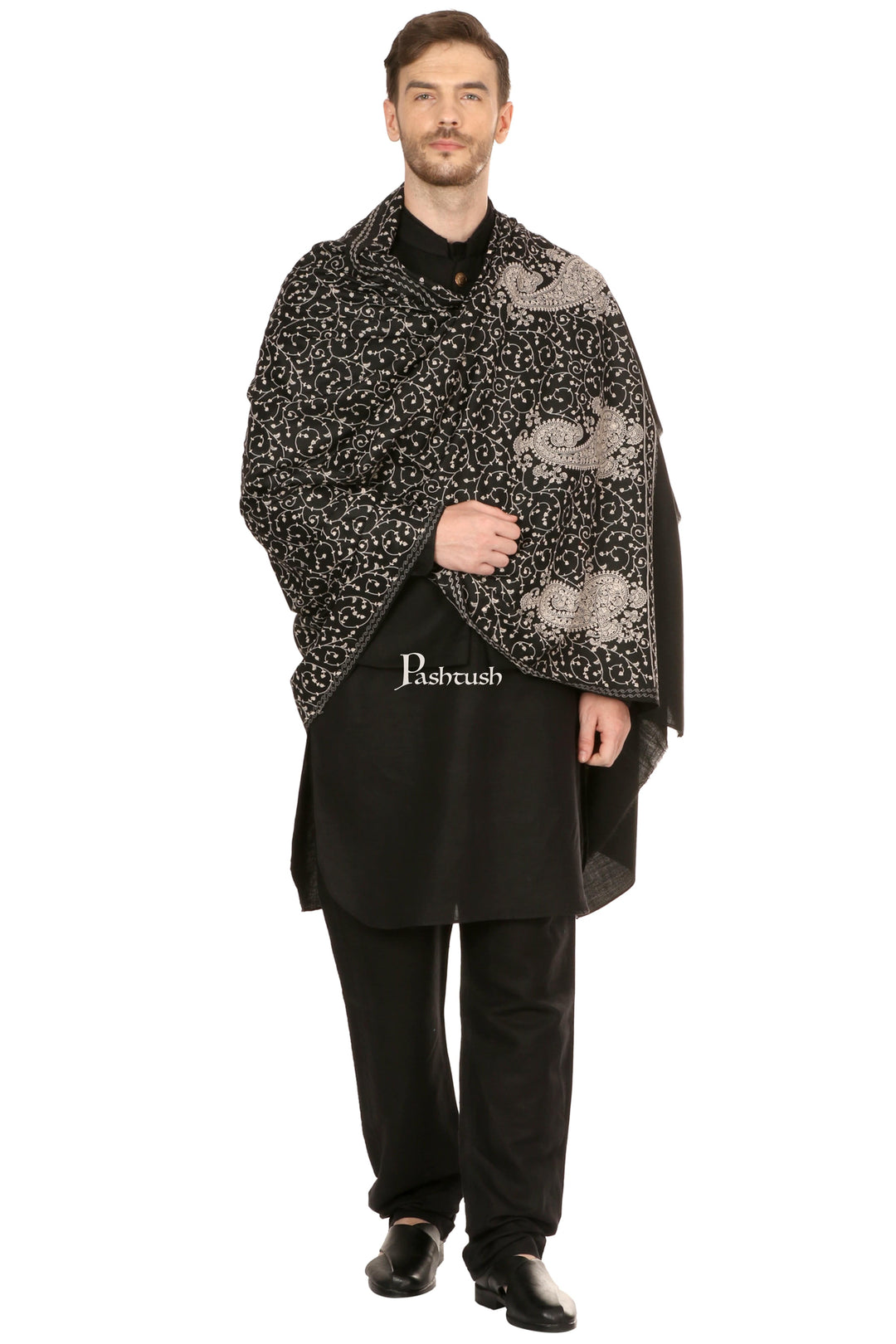 Pashtush India Mens Scarves Stoles and Mufflers Pashtush Mens Tone On Tone Embroidery Stole - Black