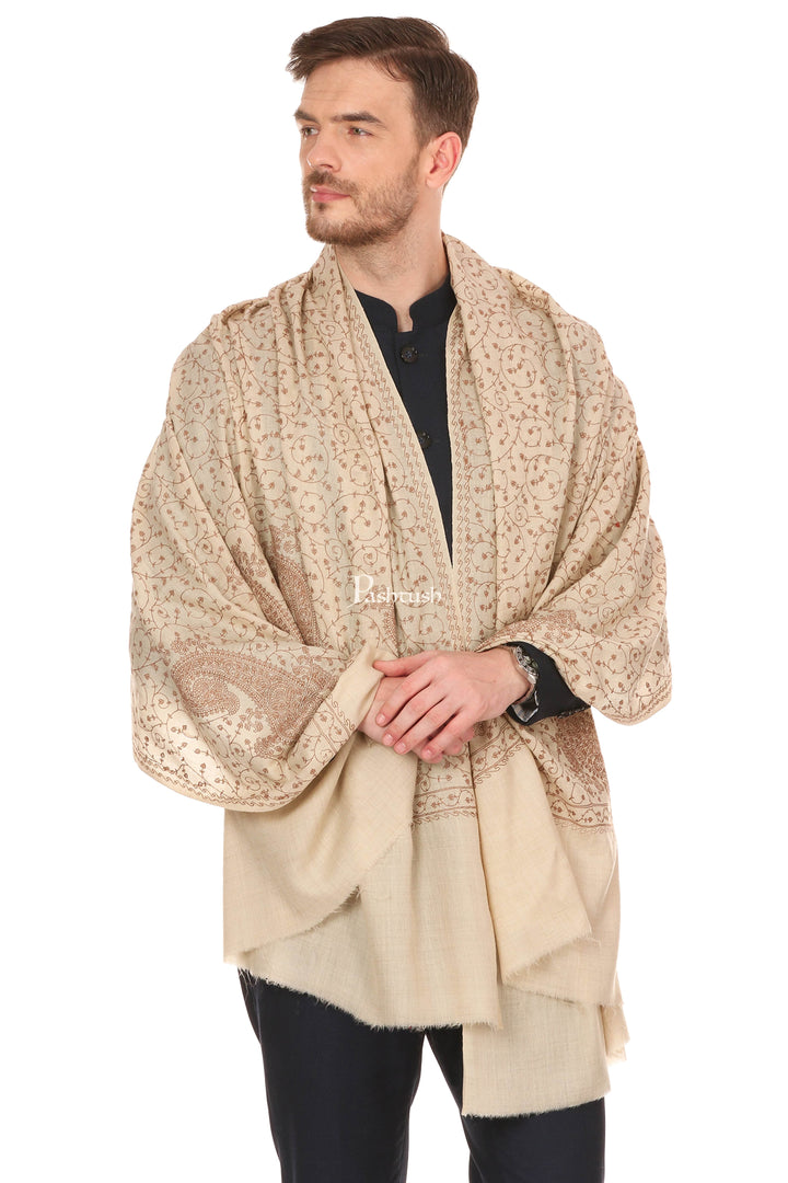 Pashtush India Mens Scarves Stoles and Mufflers Pashtush Mens Tone On Tone Embroidery Stole - Natural Beige