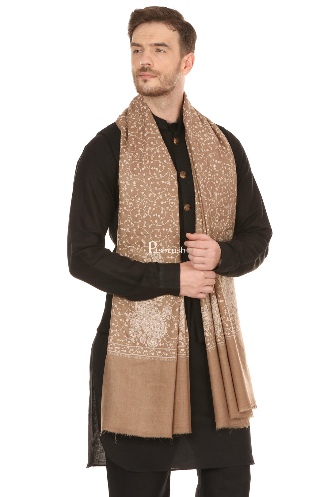 Pashtush India Mens Scarves Stoles and Mufflers Pashtush Mens Tone On Tone Embroidery Stole - Natural Beige