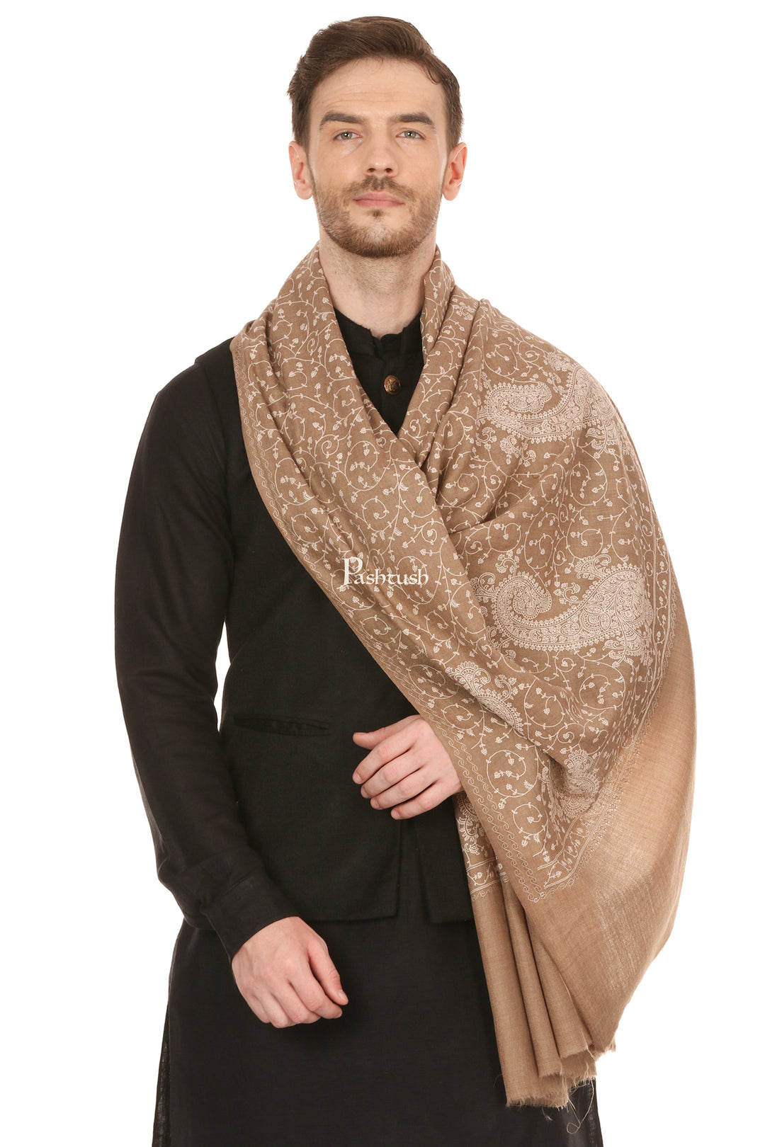 Pashtush India Mens Scarves Stoles and Mufflers Pashtush Mens Tone On Tone Embroidery Stole - Natural Beige