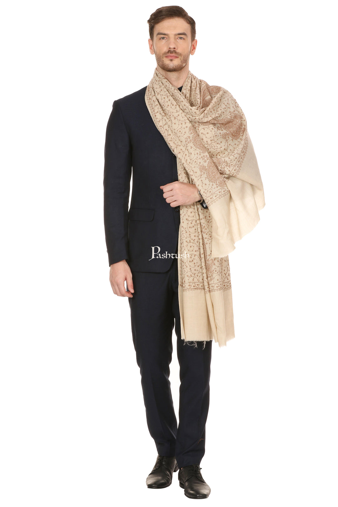 Pashtush India Mens Scarves Stoles and Mufflers Pashtush Mens Tone On Tone Embroidery Stole - Natural Beige