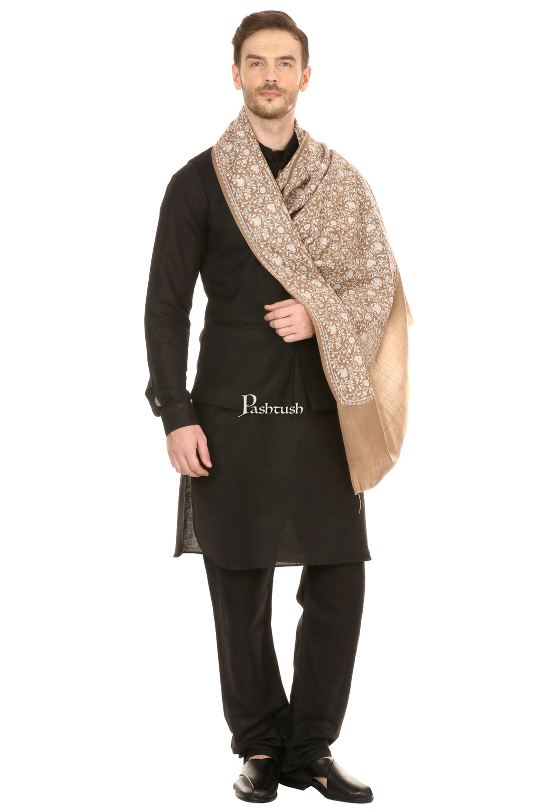 Pashtush India Mens Scarves Stoles and Mufflers Pashtush Mens Tone On Tone Embroidery Stole - Taupe