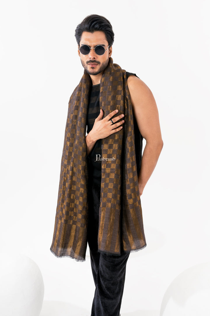 Pashtush India Mens Scarves Stoles and Mufflers Pashtush Mens Twilight Collection, Checkered Metallic Thread Weave, Fine Wool, Gold Tuscan