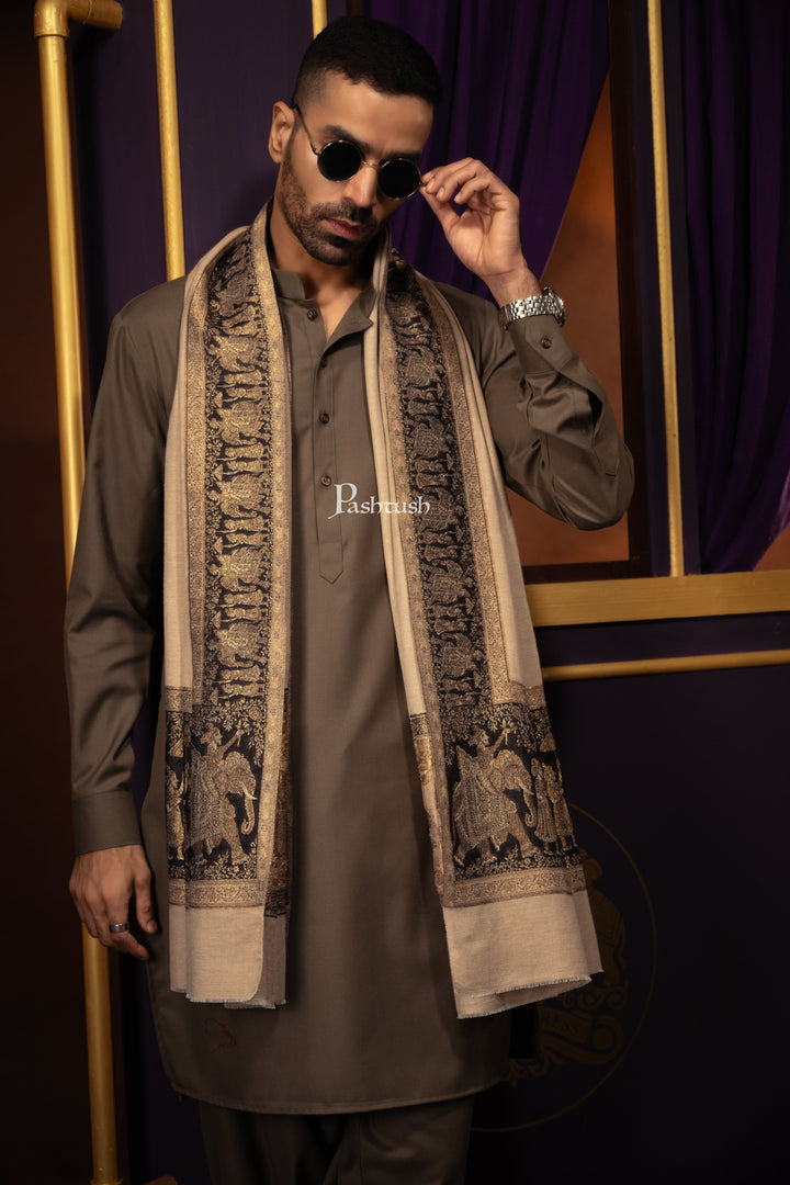 Pashtush India Mens Scarves Stoles and Mufflers Pashtush Mens Twilight collection Stole, Darbar Palla Design, Fine Wool, Beige