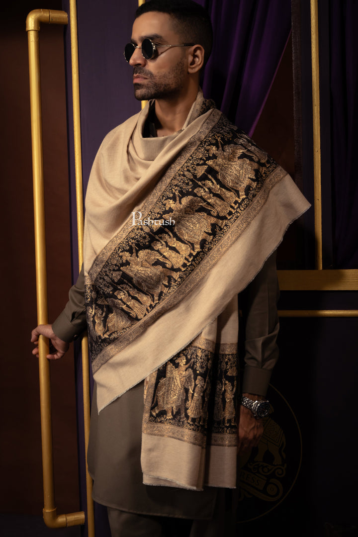 Pashtush India Mens Scarves Stoles and Mufflers Pashtush Mens Twilight collection Stole, Darbar Palla Design, Fine Wool, Beige