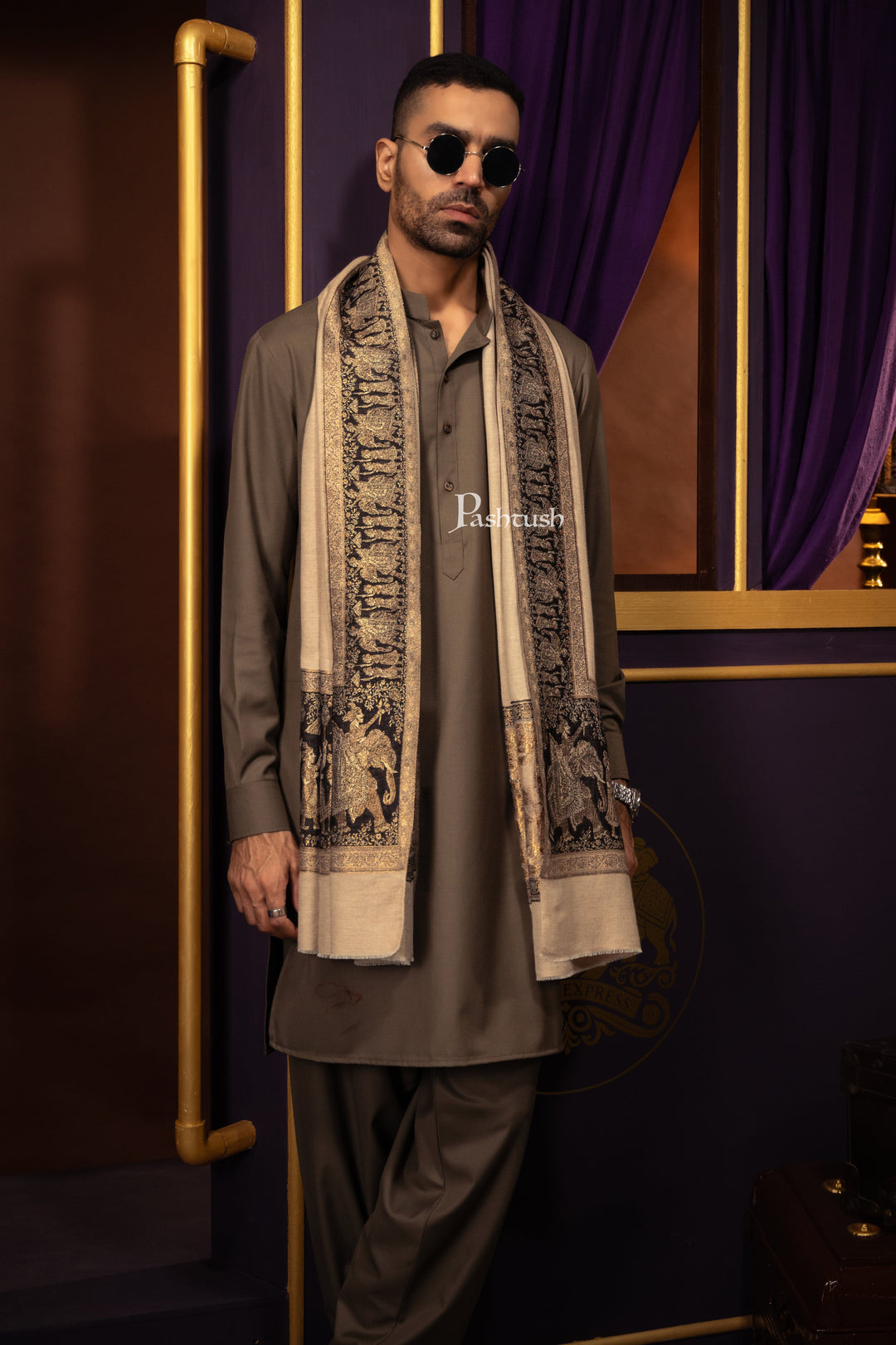 Pashtush India Mens Scarves Stoles and Mufflers Pashtush Mens Twilight collection Stole, Darbar Palla Design, Fine Wool, Beige