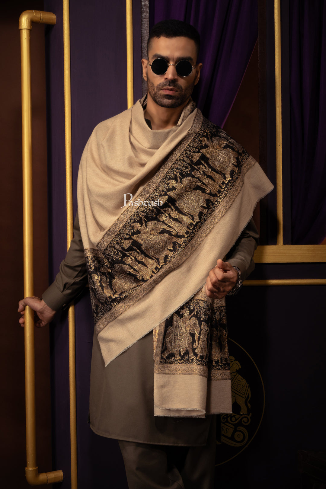 Pashtush India Mens Scarves Stoles and Mufflers Pashtush Mens Twilight collection Stole, Darbar Palla Design, Fine Wool, Beige