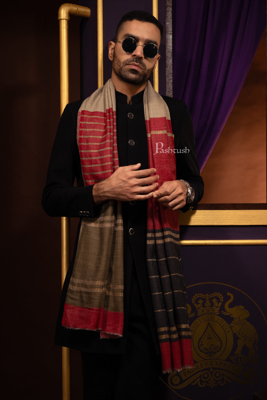 Pashtush India Mens Scarves Stoles and Mufflers Pashtush Mens Twilight Collection Stole, Extra Soft Wool Silk with Striped Metallic Weave, Maroon