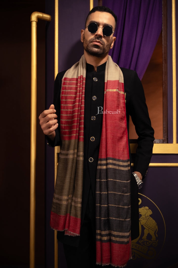 Pashtush India Mens Scarves Stoles and Mufflers Pashtush Mens Twilight Collection Stole, Extra Soft Wool Silk with Striped Metallic Weave, Maroon