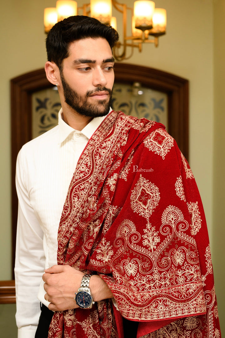 Pashtush India Mens Scarves Stoles and Mufflers Pashtush Mens Velvet Dupatta, Velvet Stole With Ethnic Embroidery Design, Maroon