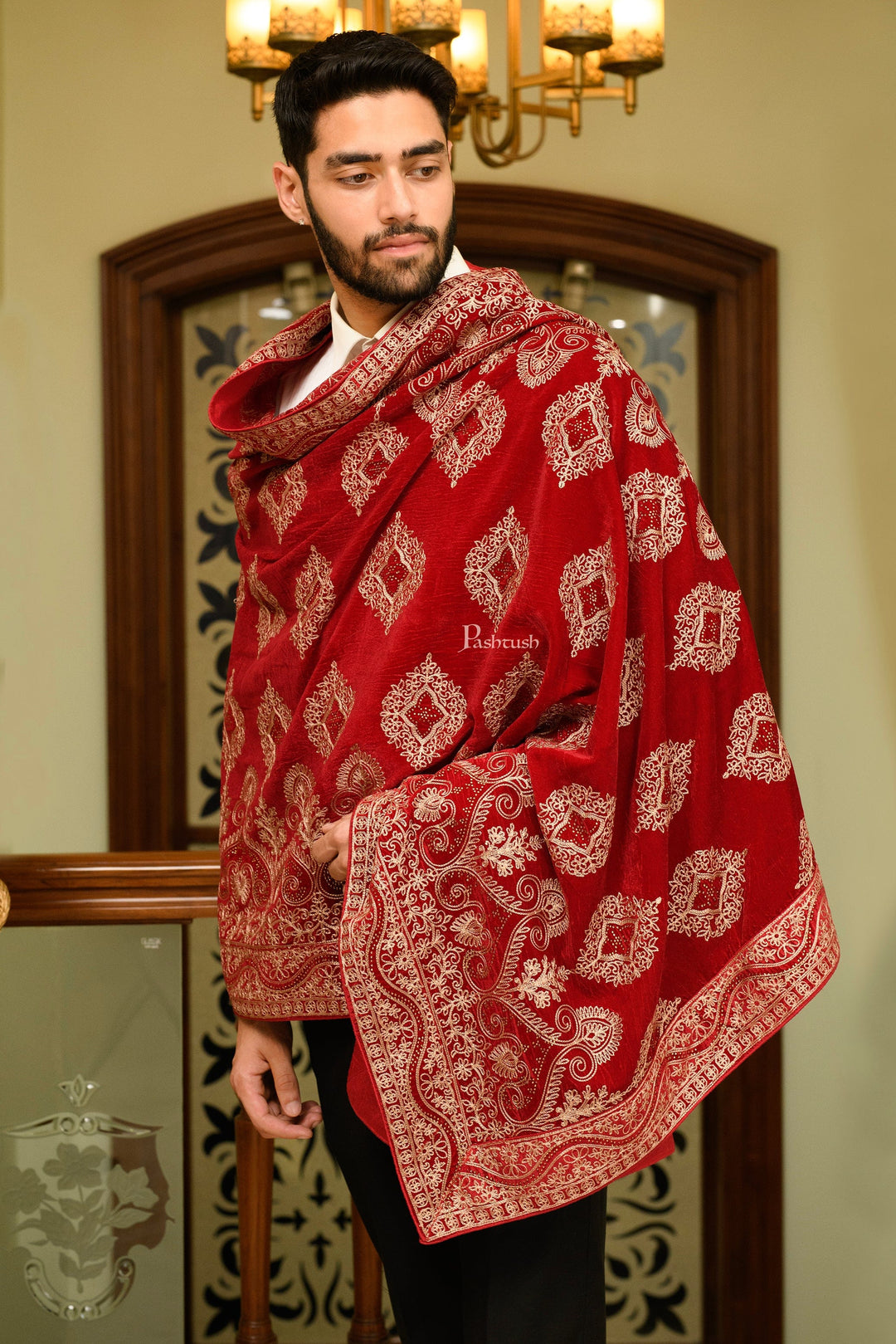 Pashtush India Mens Scarves Stoles and Mufflers Pashtush Mens Velvet Dupatta, Velvet Stole With Ethnic Embroidery Design, Maroon