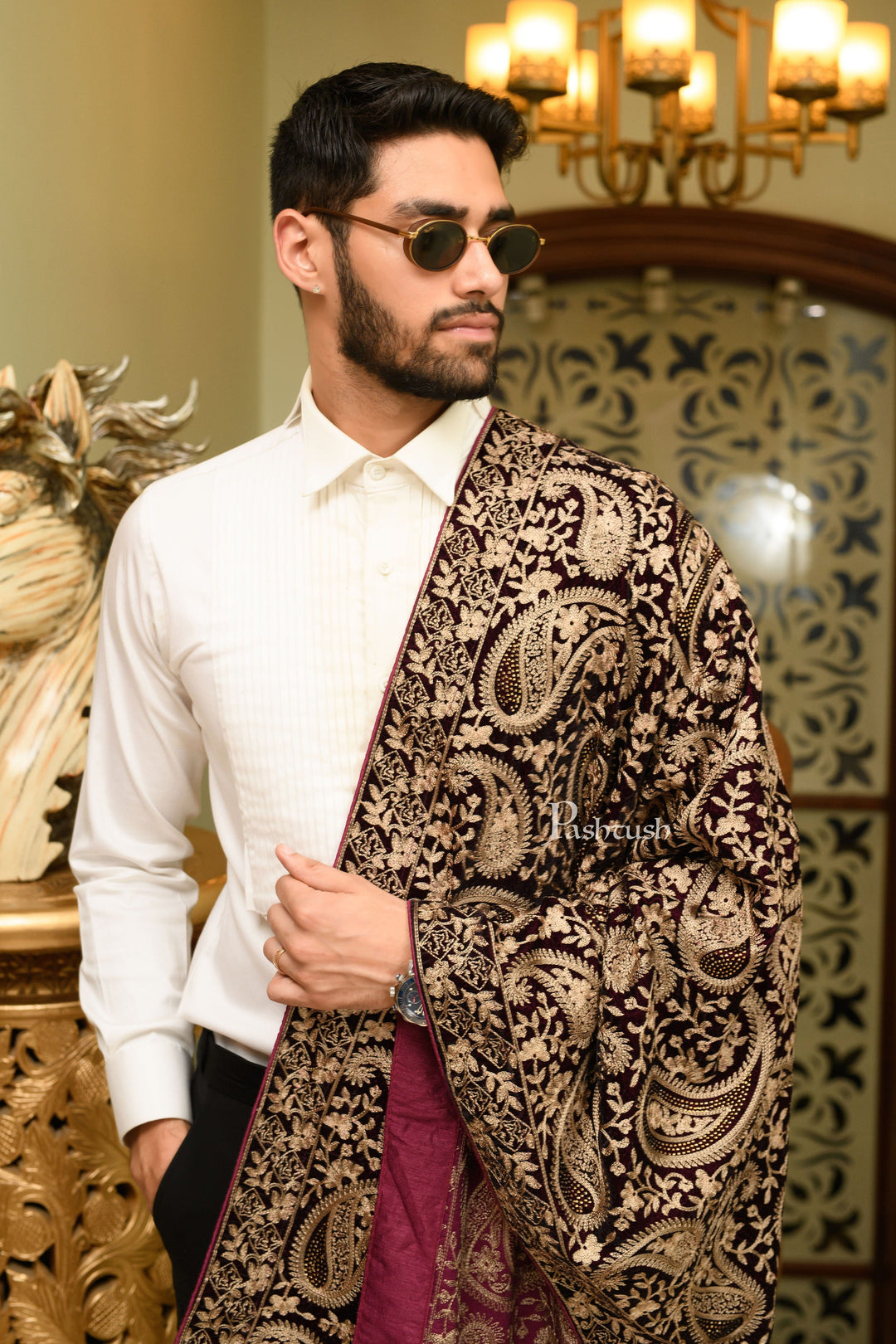 Pashtush India Mens Scarves Stoles and Mufflers Pashtush Mens Velvet Dupatta, Velvet Stole With Paisley Embroidery Design, Dark Brown