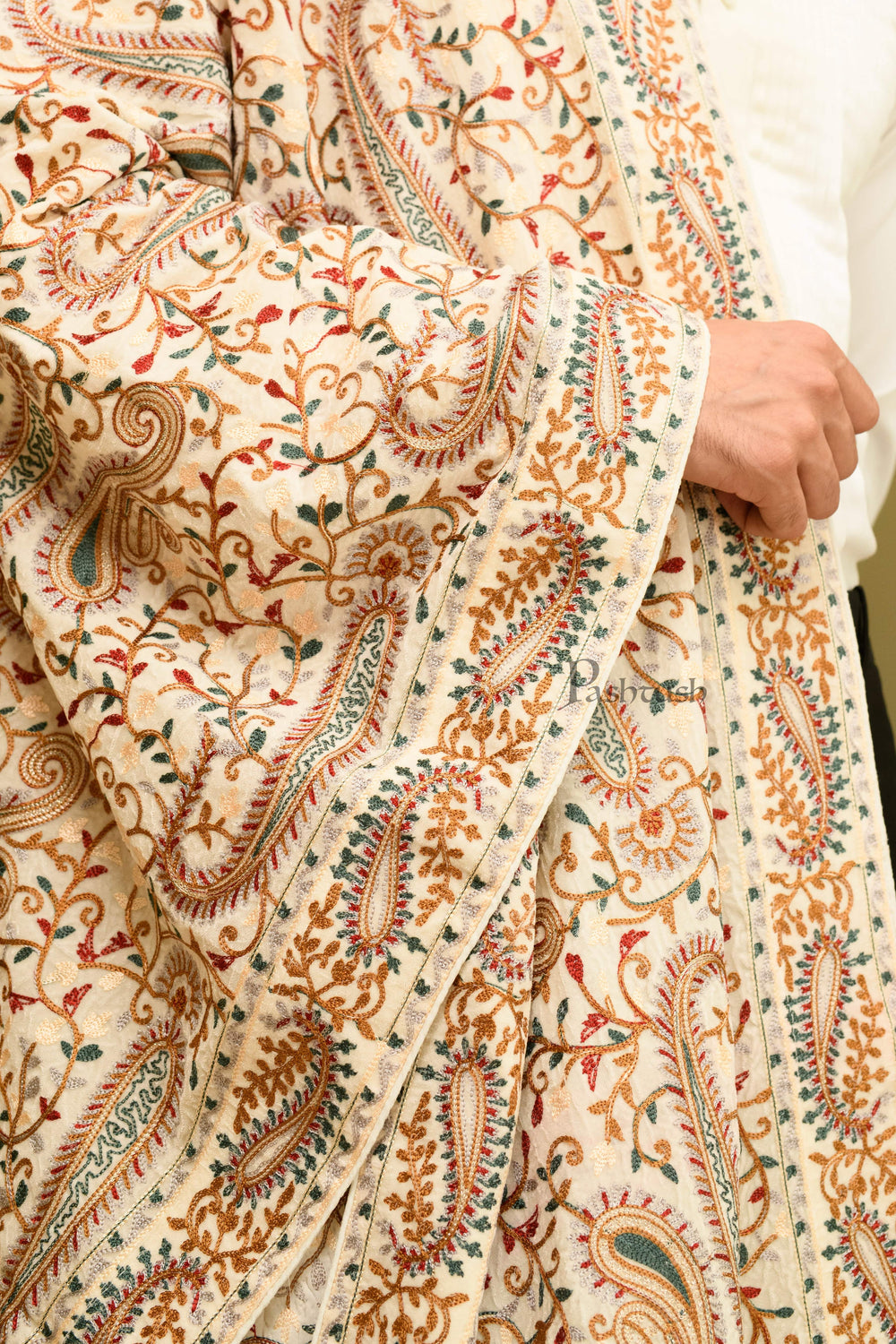 Pashtush India Mens Scarves Stoles and Mufflers Pashtush Mens Velvet Dupatta, Velvet Stole With Paisley Embroidery Design, Ivory