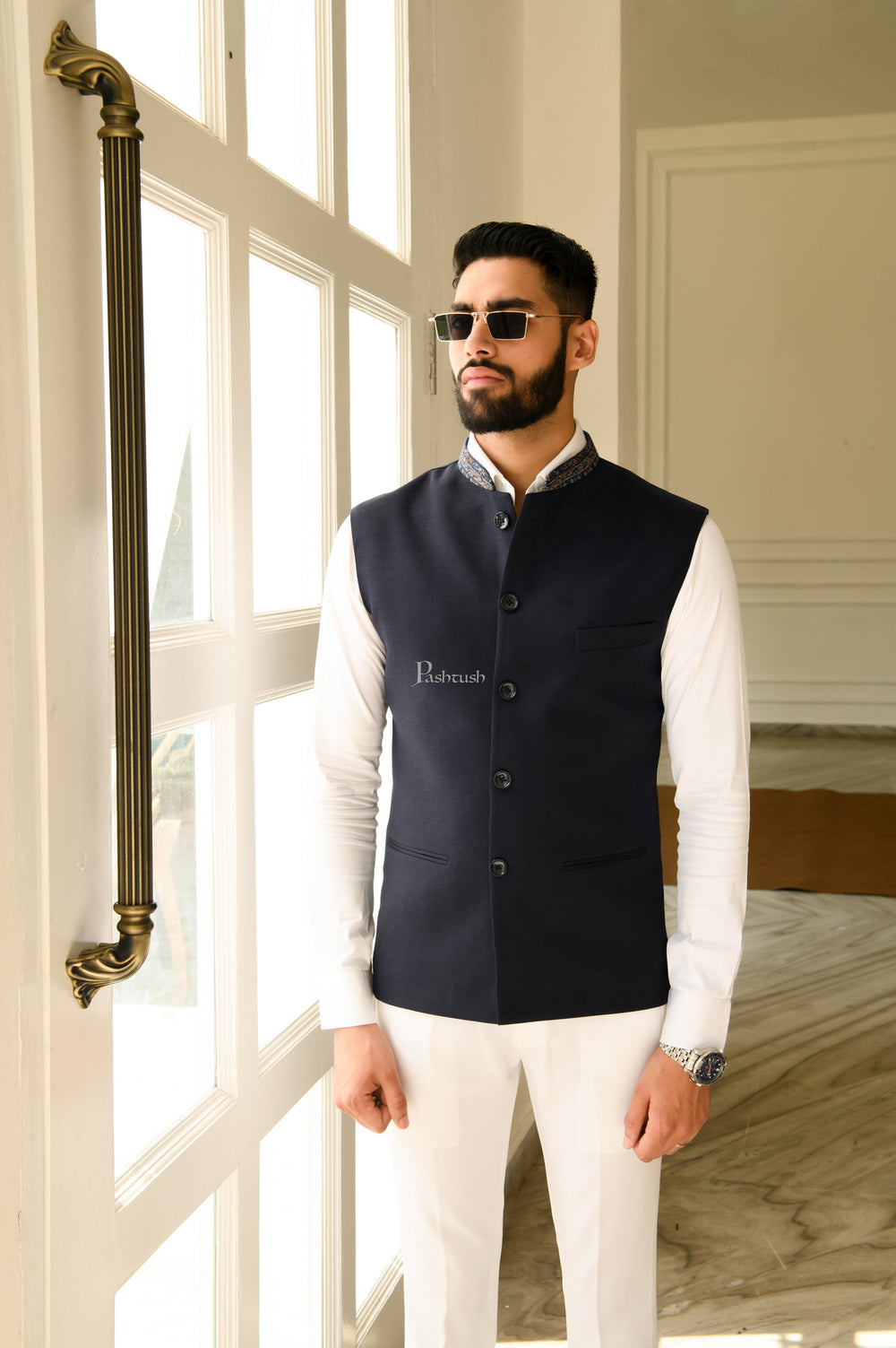 Pashtush India Coats & Jackets Pashtush Mens Waistcoat, Fine Wool, With Collar Detailing, Rich Navy Blue