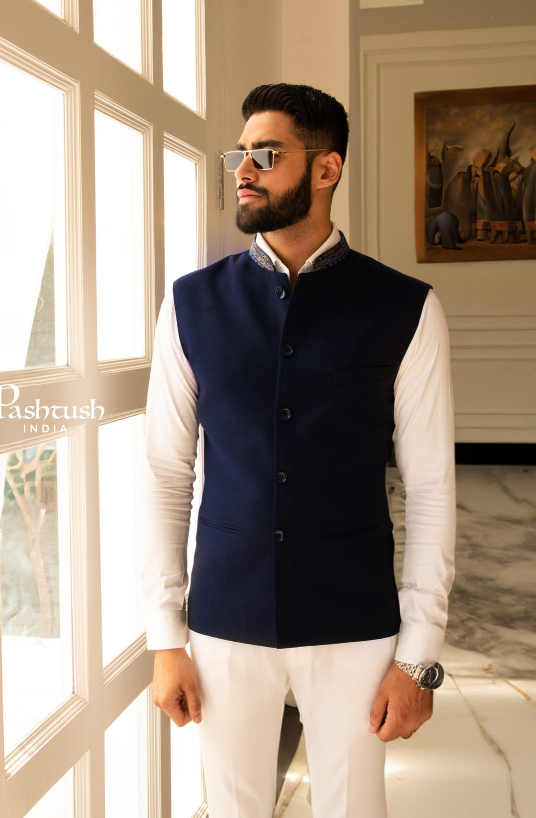 Pashtush India Coats & Jackets Pashtush Mens Waistcoat, Fine Wool, With Collar Detailing, Rich Navy Blue