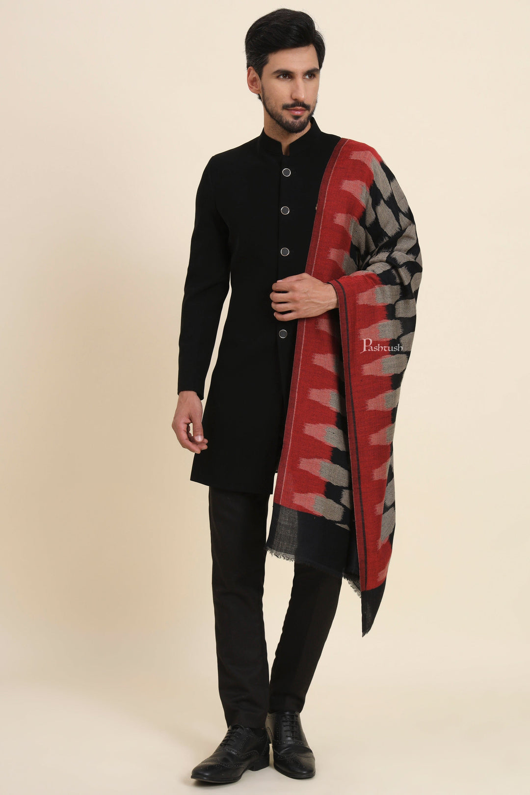 Pashtush India Mens Scarves Stoles and Mufflers Pashtush Mens Wool Silk Stole, Honey-Comb Weave Design, Maroon And Black