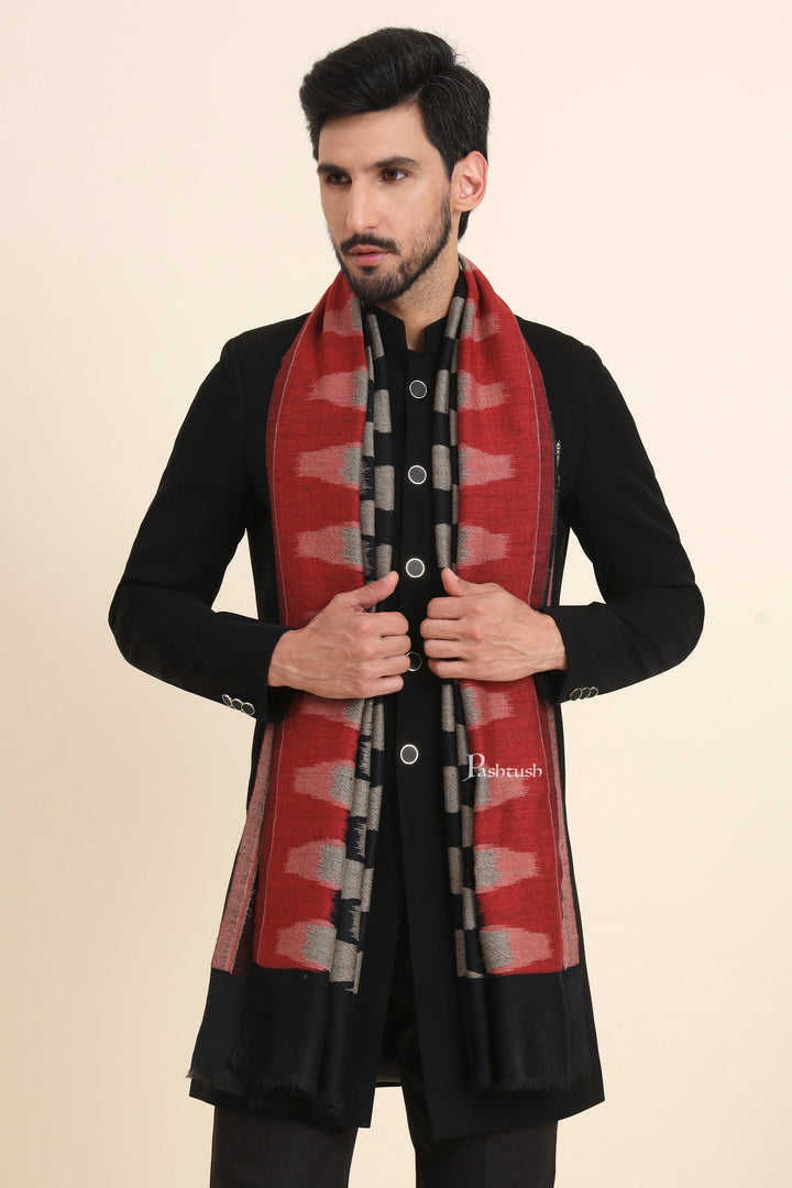 Pashtush India Mens Scarves Stoles and Mufflers Pashtush Mens Wool Silk Stole, Honey-Comb Weave Design, Maroon And Black
