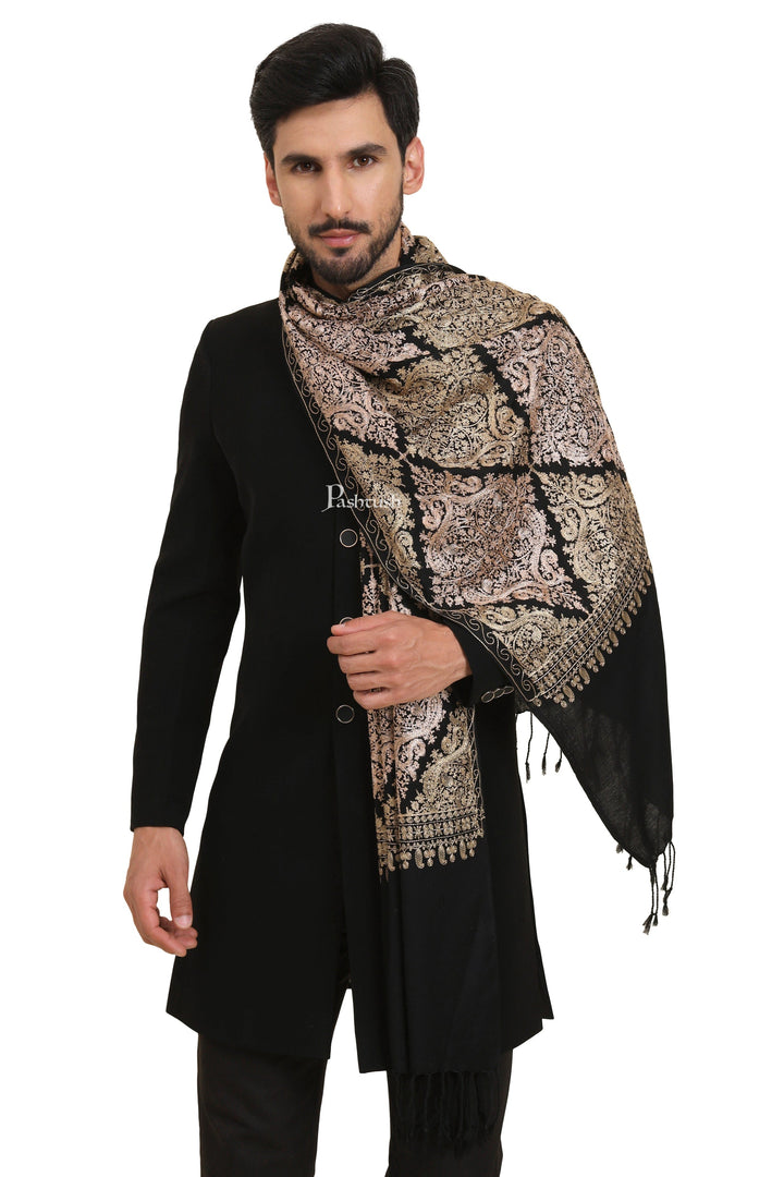 Pashtush India Mens Scarves Stoles and Mufflers Pashtush Mens Woollen Stole, Nalki Embroidery Design, Black