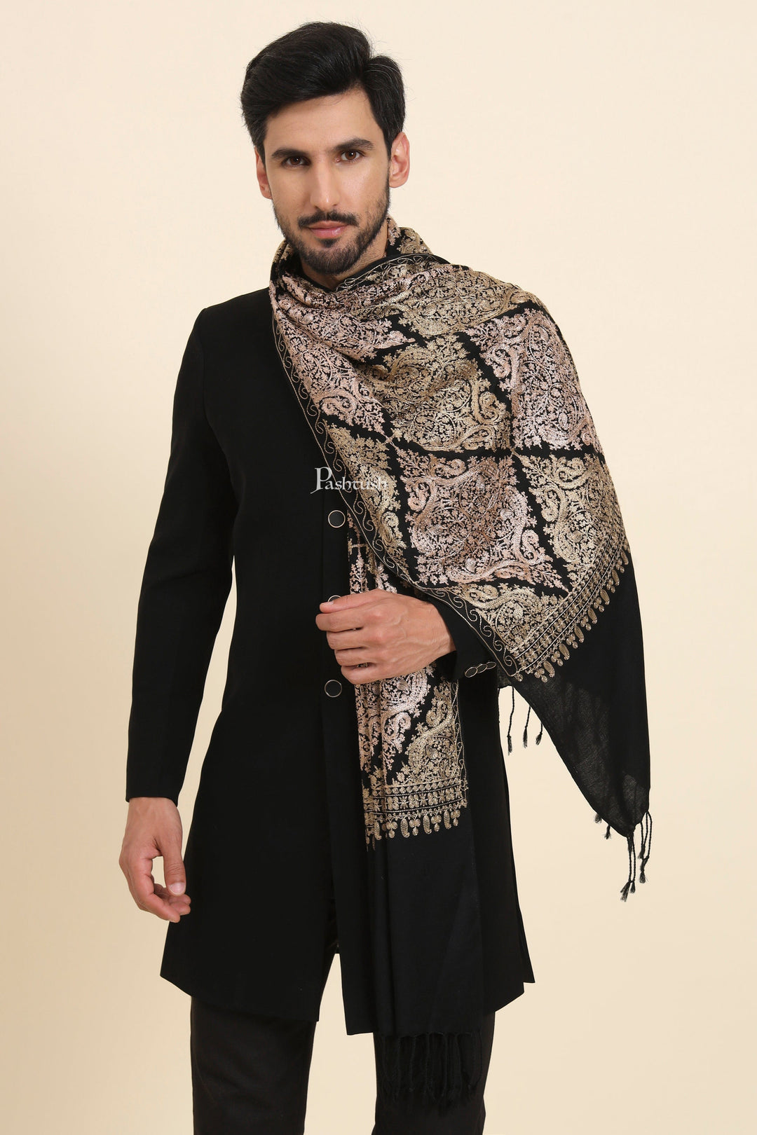 Pashtush India Mens Scarves Stoles and Mufflers Pashtush Mens Woollen Stole, Nalki Embroidery Design, Black