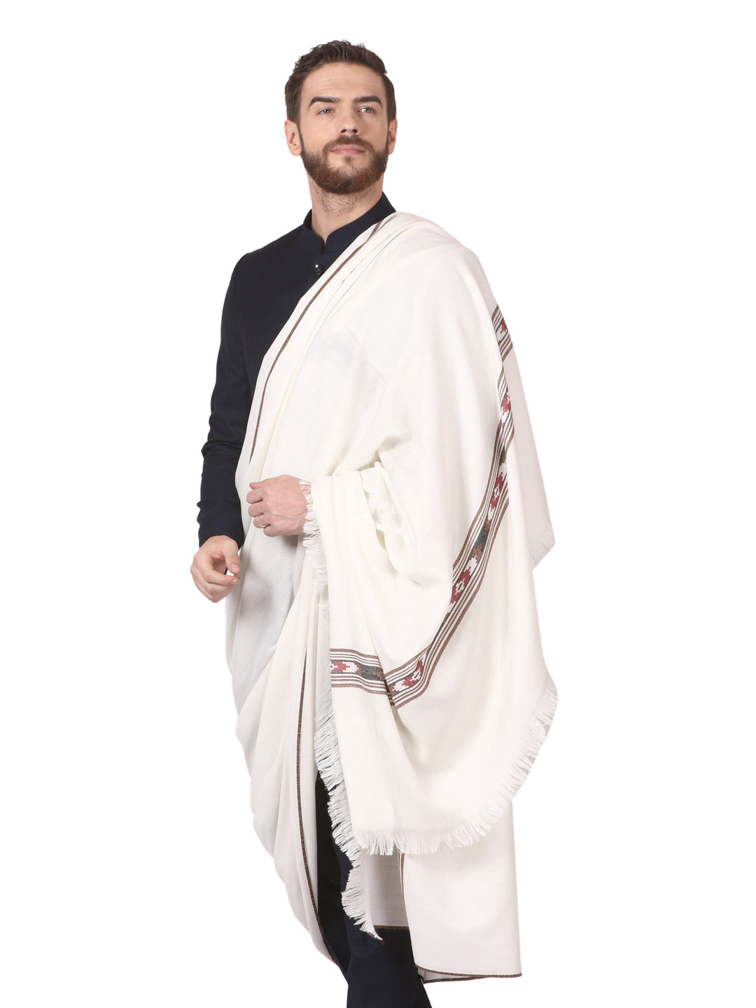 Pashtush India Mens Shawls Gents Shawl Pashtush Mens Woven Aztec Design Shawl, Fine Wool, Ivory