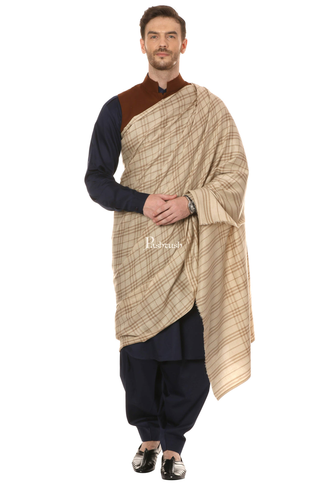 Pashtush India Mens Shawls Gents Shawl Pashtush Mens Woven Check Design Shawl, Merino Wool Light Weight, Soft Hand Feel