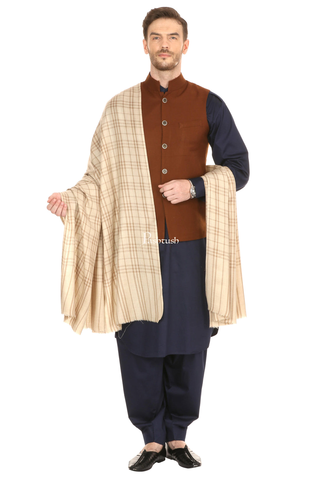 Pashtush India Mens Shawls Gents Shawl Pashtush Mens Woven Check Design Shawl, Merino Wool Light Weight, Soft Hand Feel