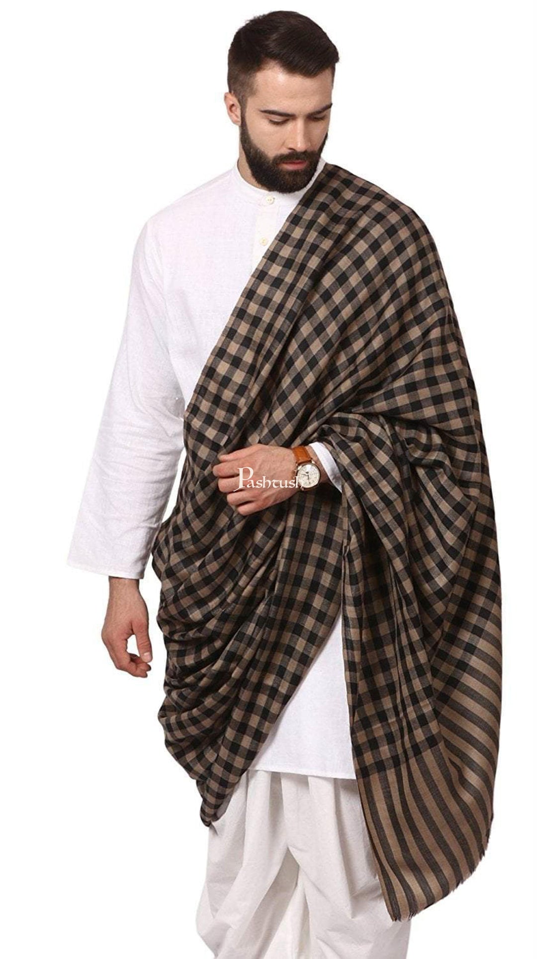 Pashtush India Mens Shawls Gents Shawl Pashtush Mens Woven Check Shawl  Light Weight - Fine Wool.