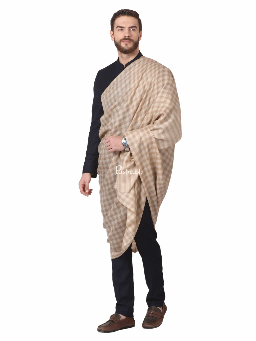 Pashtush India Mens Shawls Gents Shawl Pashtush Mens Woven Check Shawl, Ultra-Light Weight - Fine Wool, Medium, Herringbone Checks