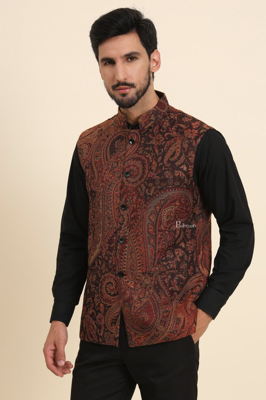 Pashtush India Coats & Jackets Pashtush Mens Woven Jacquard Structured Waistcoat, Slim Fit
