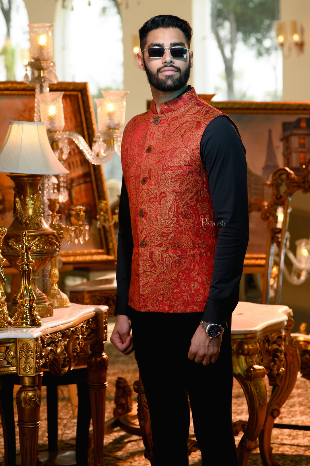 Pashtush India Coats & Jackets Pashtush Mens Woven Jacquard Structured Waistcoat, Slim Fit, Maroon