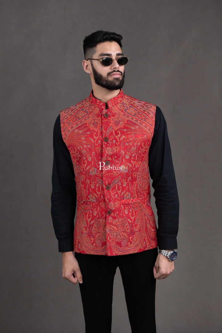 Pashtush India Coats & Jackets Pashtush Mens Woven Jacquard Structured Waistcoat, Slim Fit, Maroon