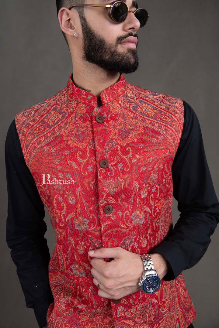 Pashtush India Coats & Jackets Pashtush Mens Woven Jacquard Structured Waistcoat, Slim Fit, Maroon