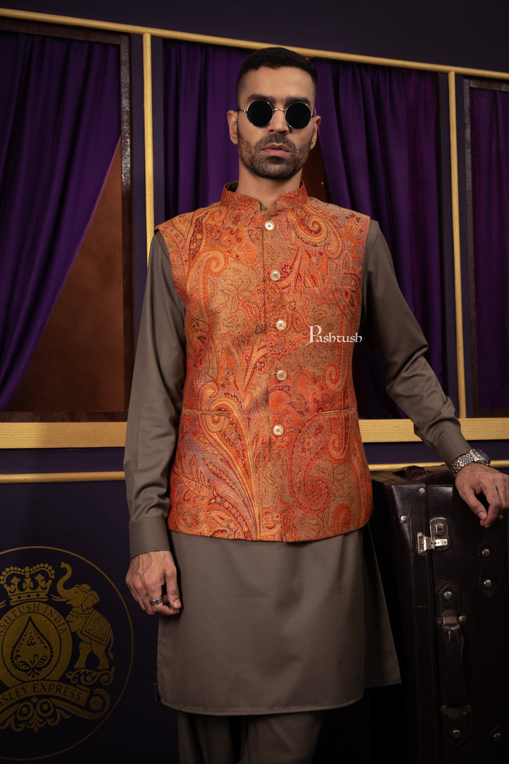 Pashtush India Coats & Jackets Pashtush Mens Woven Jacquard Structured Waistcoat, Slim Fit, Multicolour