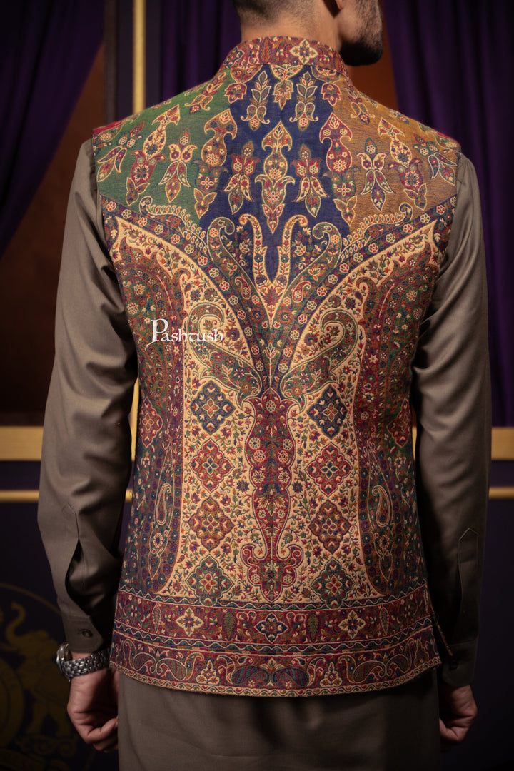 Pashtush India Coats & Jackets Pashtush Mens Woven Jacquard Structured Waistcoat, Slim Fit, Multicolour