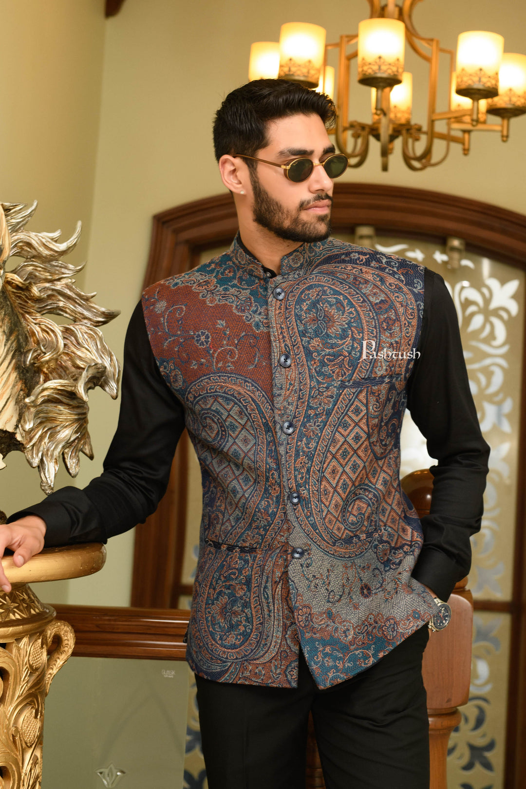 Pashtush India Coats & Jackets Pashtush Mens Woven Jacquard Structured Waistcoat, Slim Fit, Navy Blue