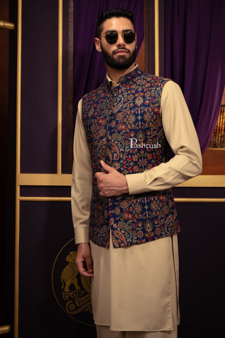 Pashtush India Coats & Jackets Pashtush Mens Woven Jacquard Structured Waistcoat, Slim Fit, Navy Blue